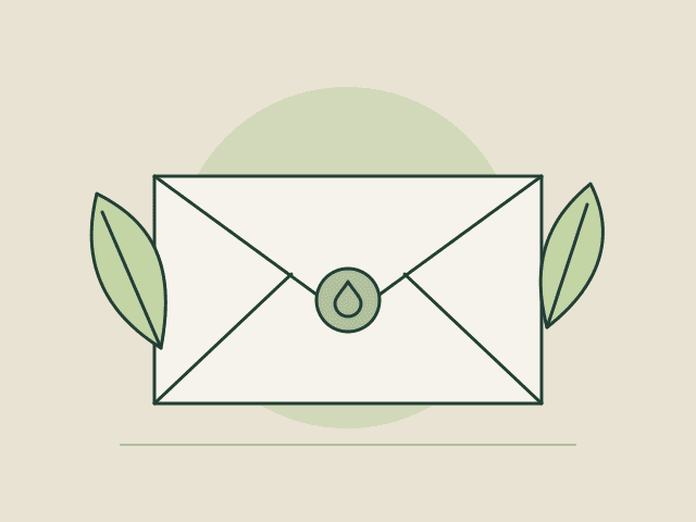 Illustration originale d’une enveloppe fermée entourée de deux feuilles.