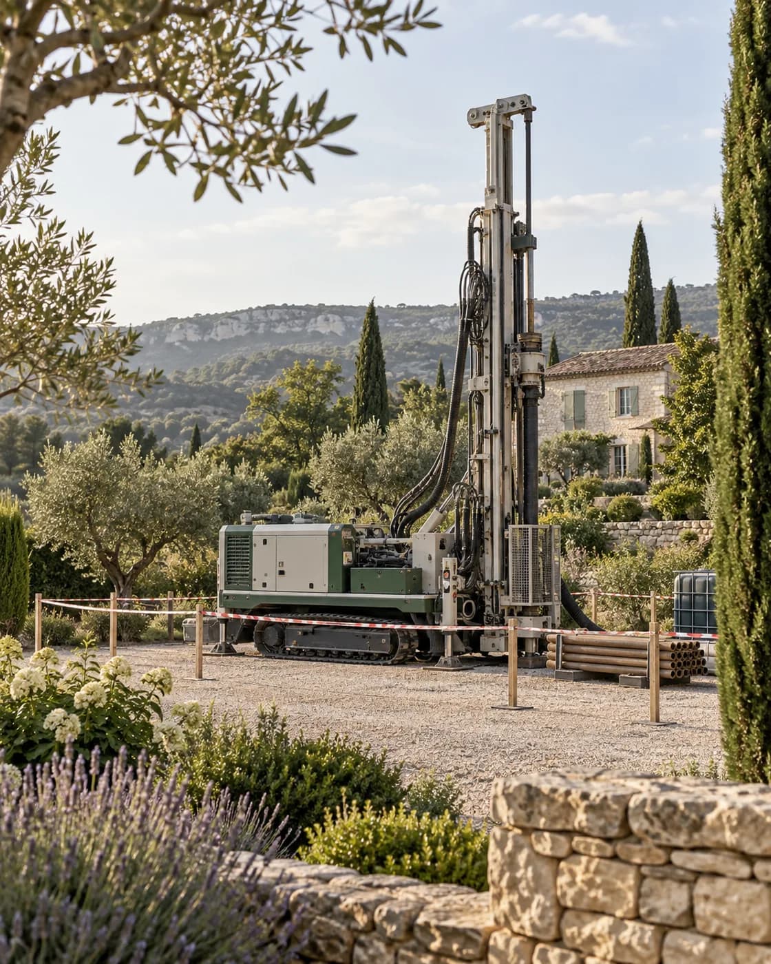 Illustration : foreuse compacte dans une zone de travail délimitée dans un jardin