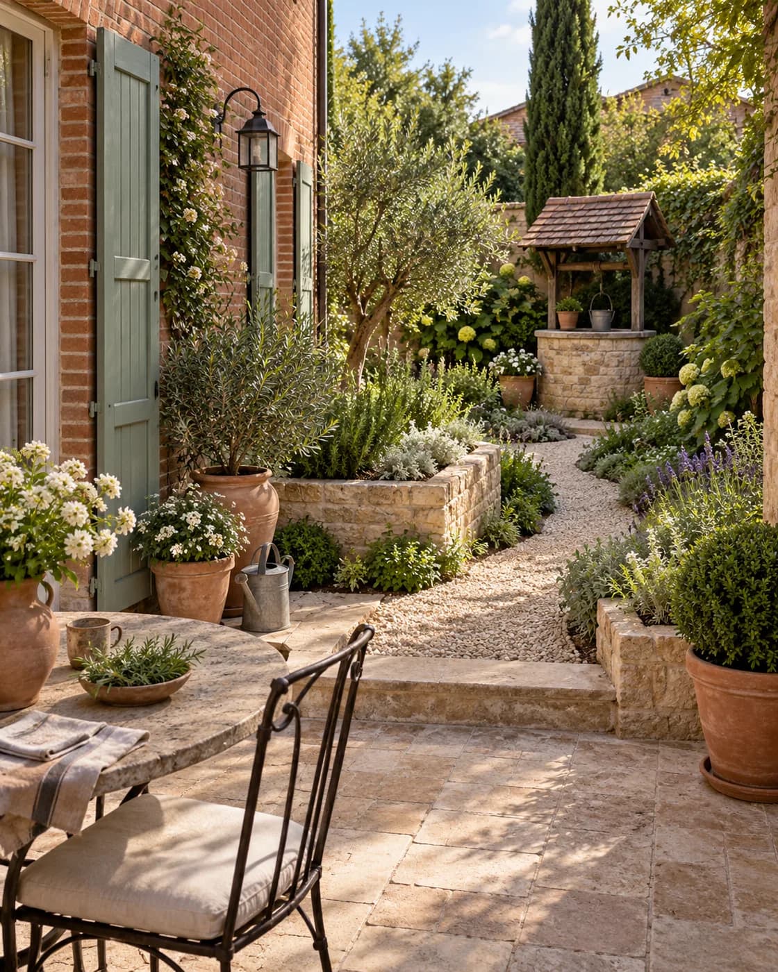 Illustration : jardin clos entre une maison en brique et un petit puits couvert