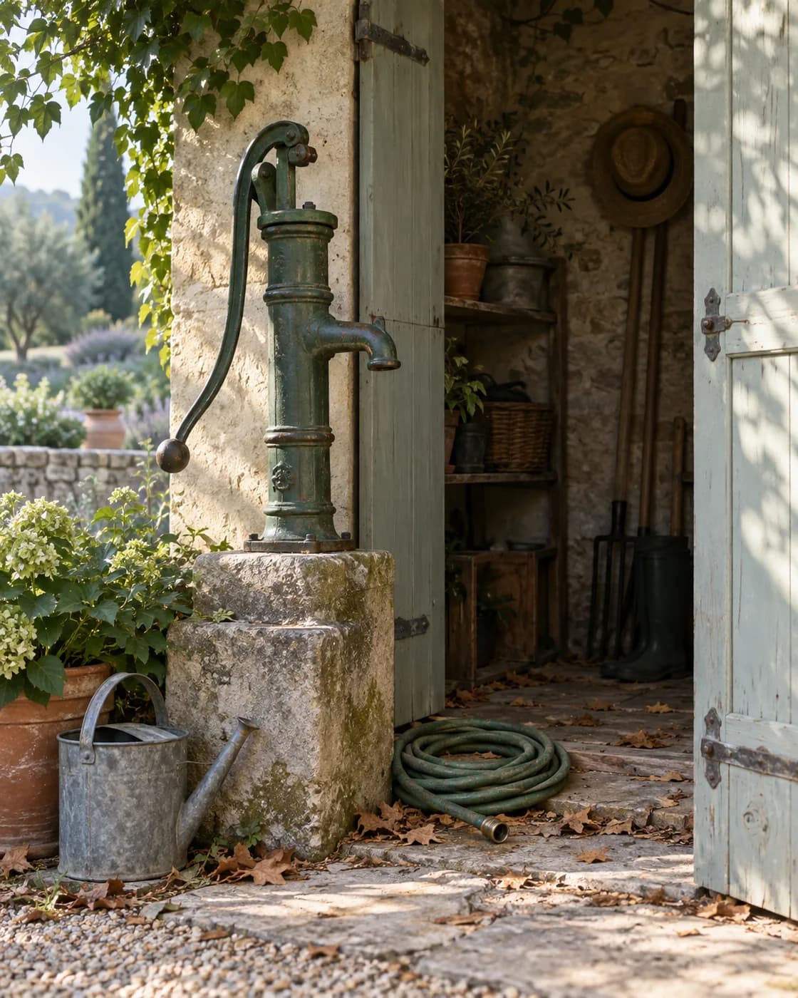 Illustration : ancienne pompe à main et tuyau rangé devant un abri de jardin