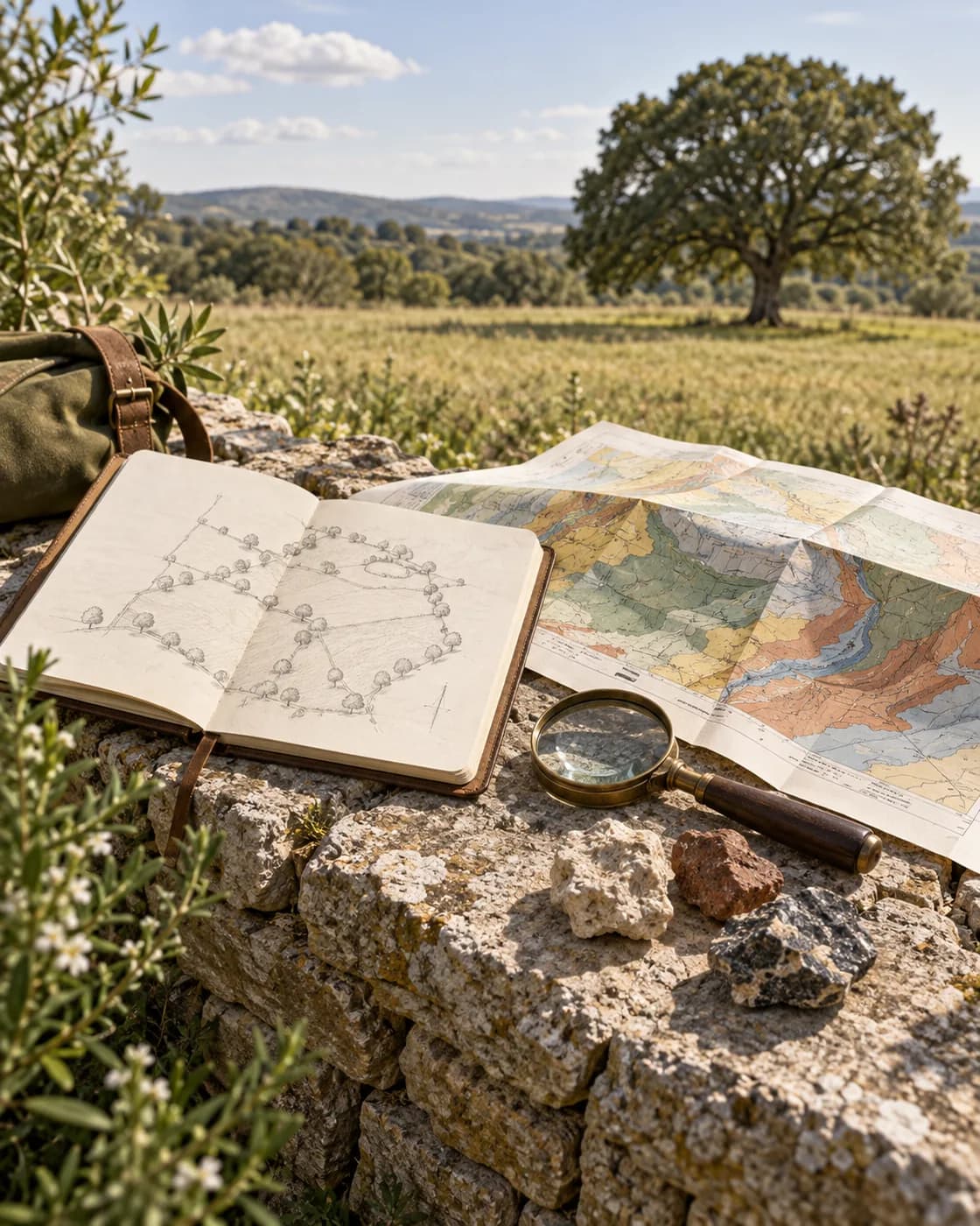 Illustration : carnet de terrain, carte géologique et échantillons de roche