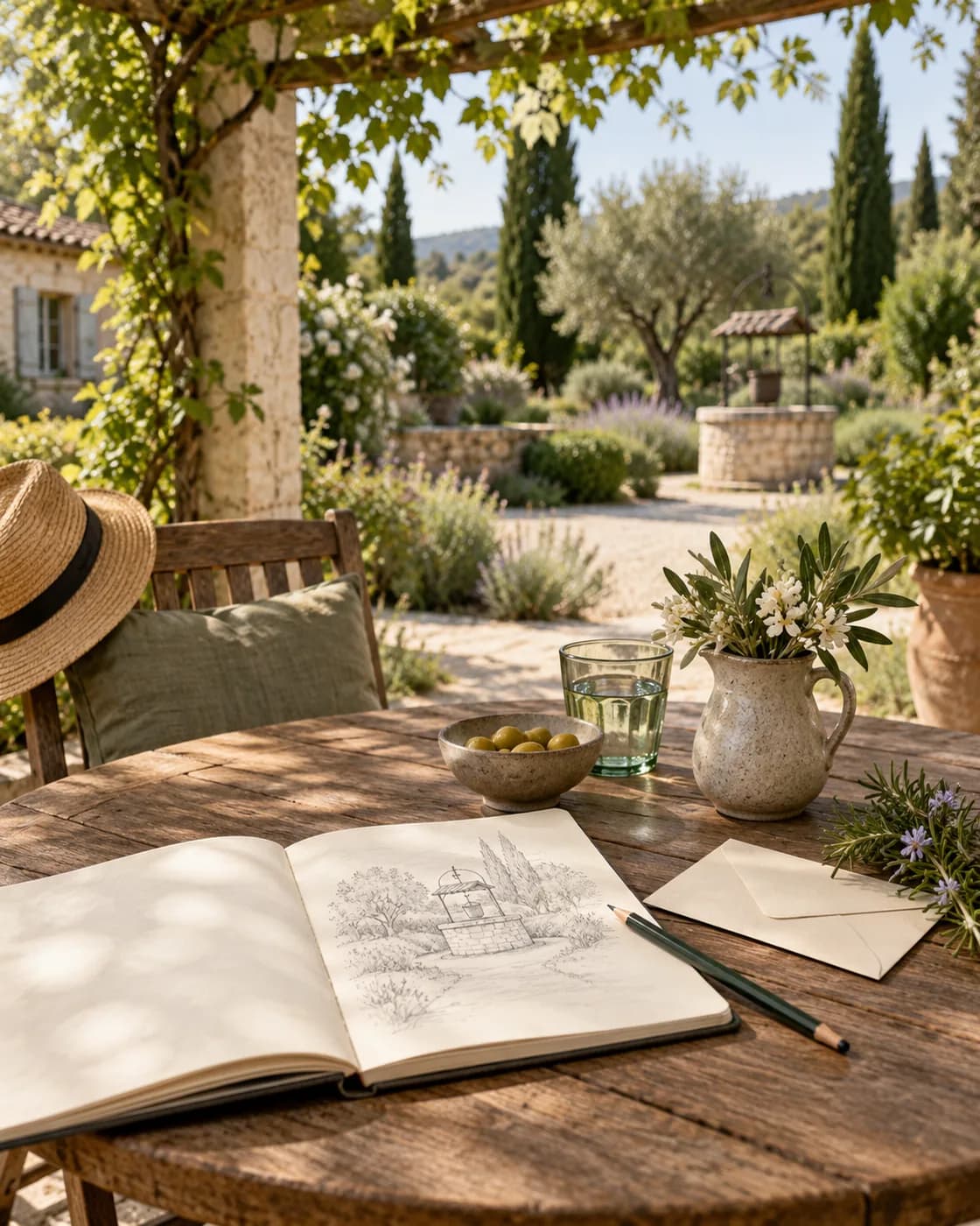 Illustration : carnet de projet et enveloppe sur une table donnant sur le jardin