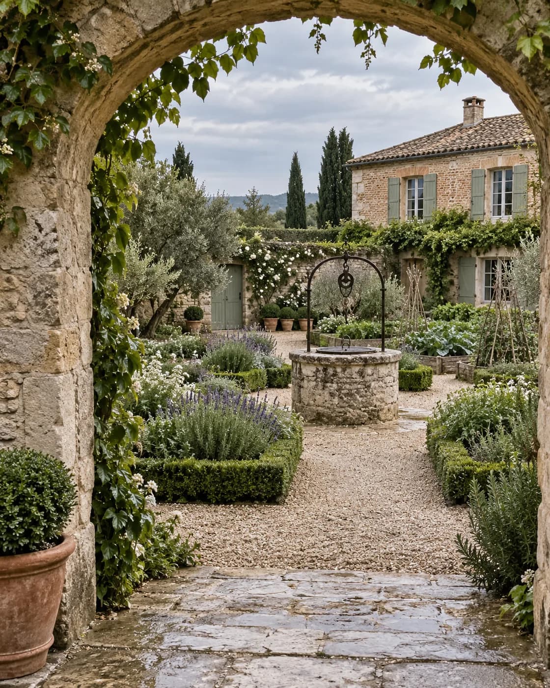 Illustration : scène illustrative d’un puits au centre d’un jardin vu sous une arche