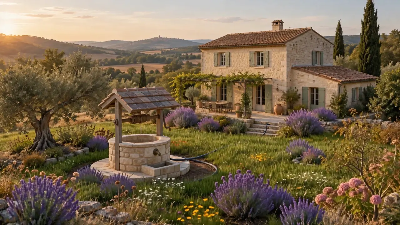 Illustration d’un jardin du Quercy verdoyant autour d’un puits en pierre et d’une maison aux volets sauge