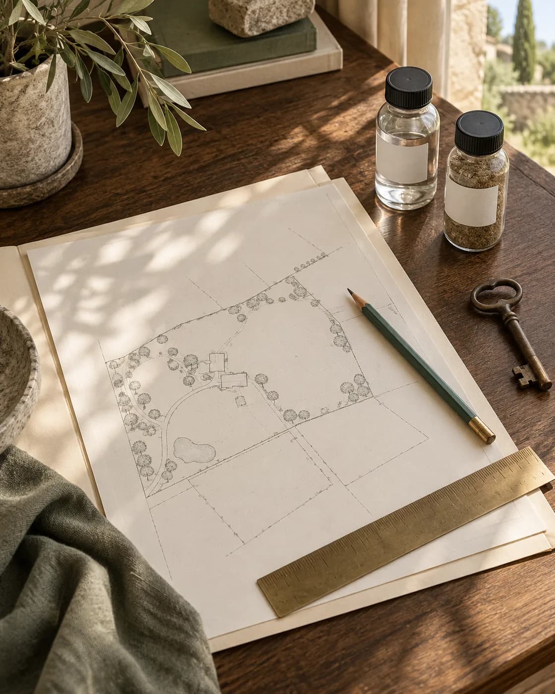 Illustration : plan de parcelle, dossier et flacons sur un bureau