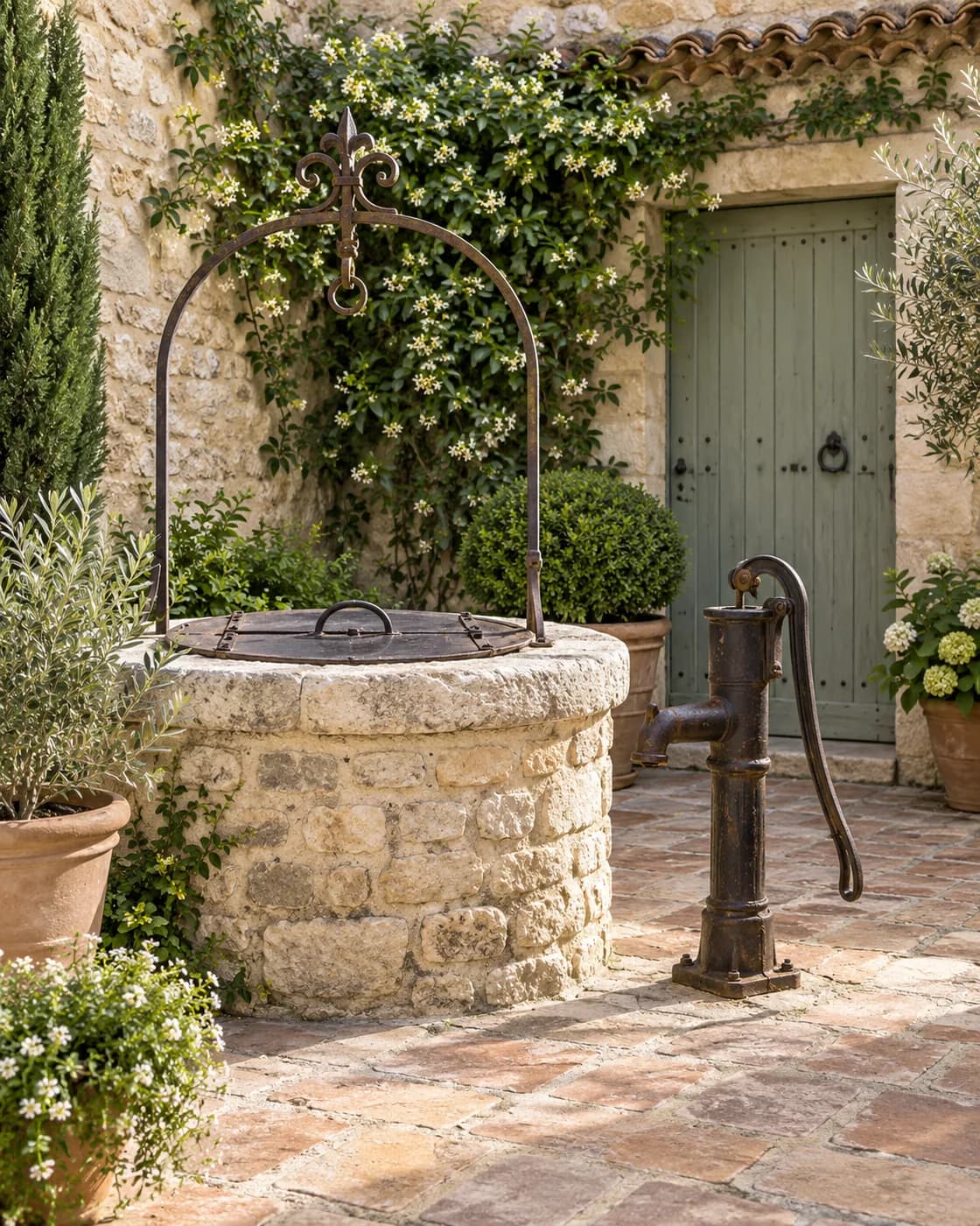 Illustration : puits fermé et ancienne pompe à main dans une cour en pierre