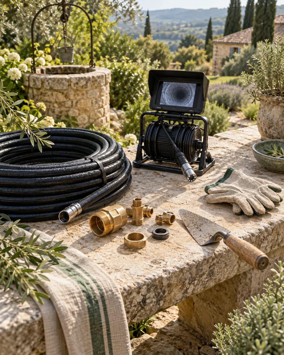 Illustration : outils de diagnostic, raccords et tuyau sur un établi devant un puits