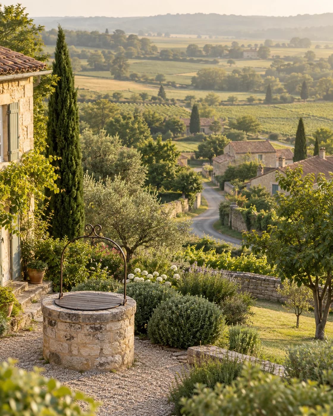 Illustration : vue illustrative de jardins, champs et maisons autour d’un puits